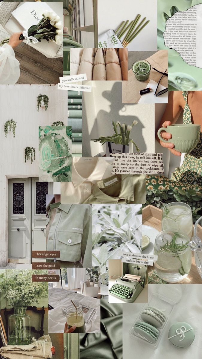 Collage of photos of greenery, books, and other items in a green aesthetic. - August