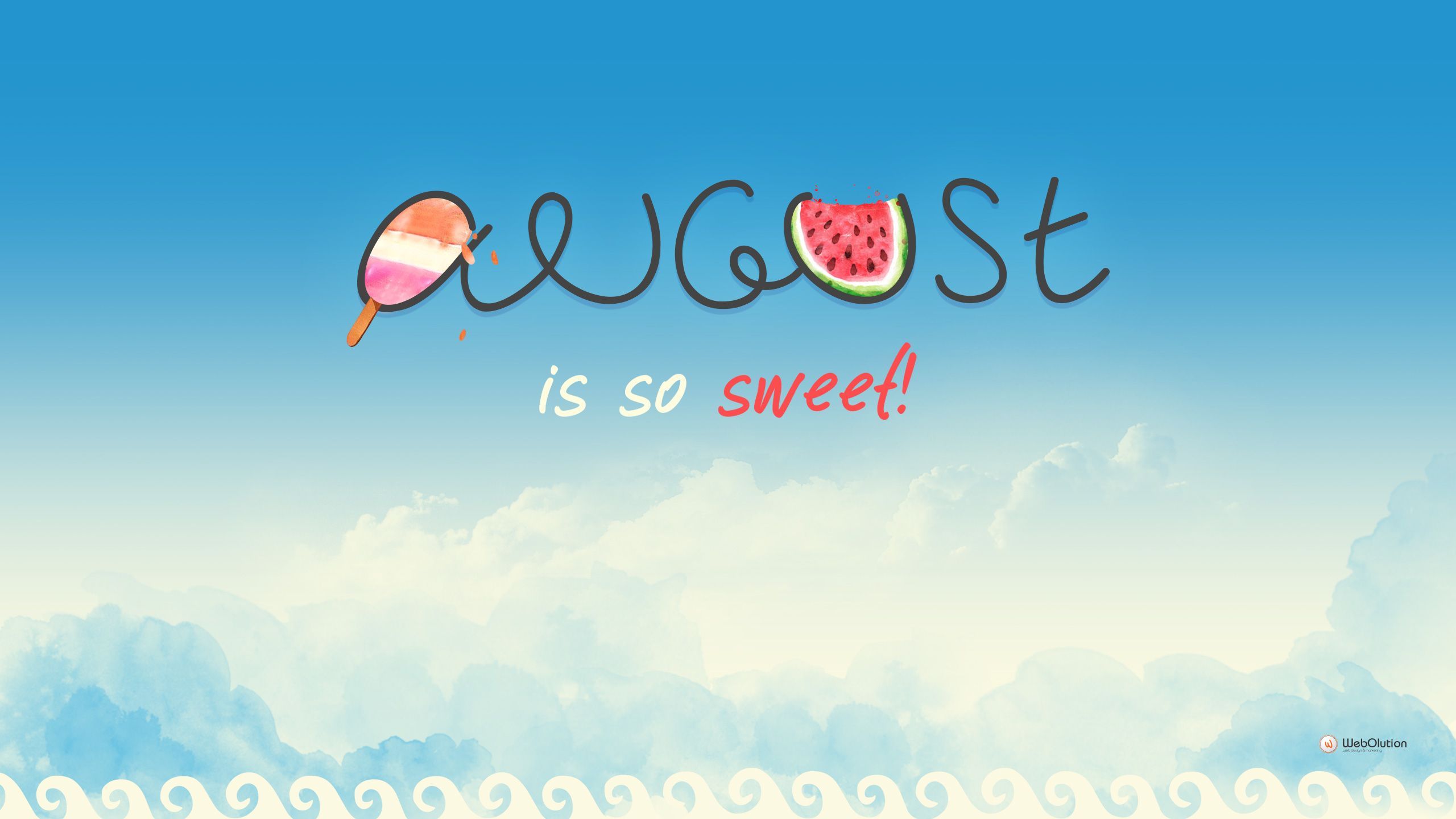August wallpaper with ice cream and watermelon, blue sky and clouds in the background - August