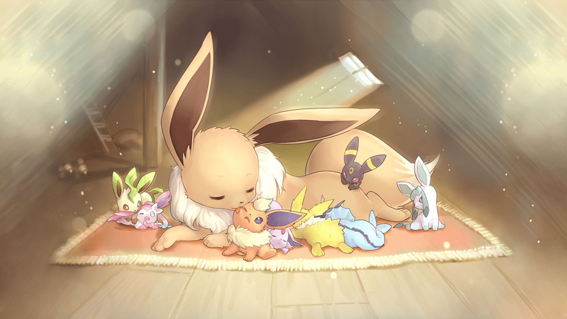 Eevee and her evolutions sleeping on a rug - Pokemon