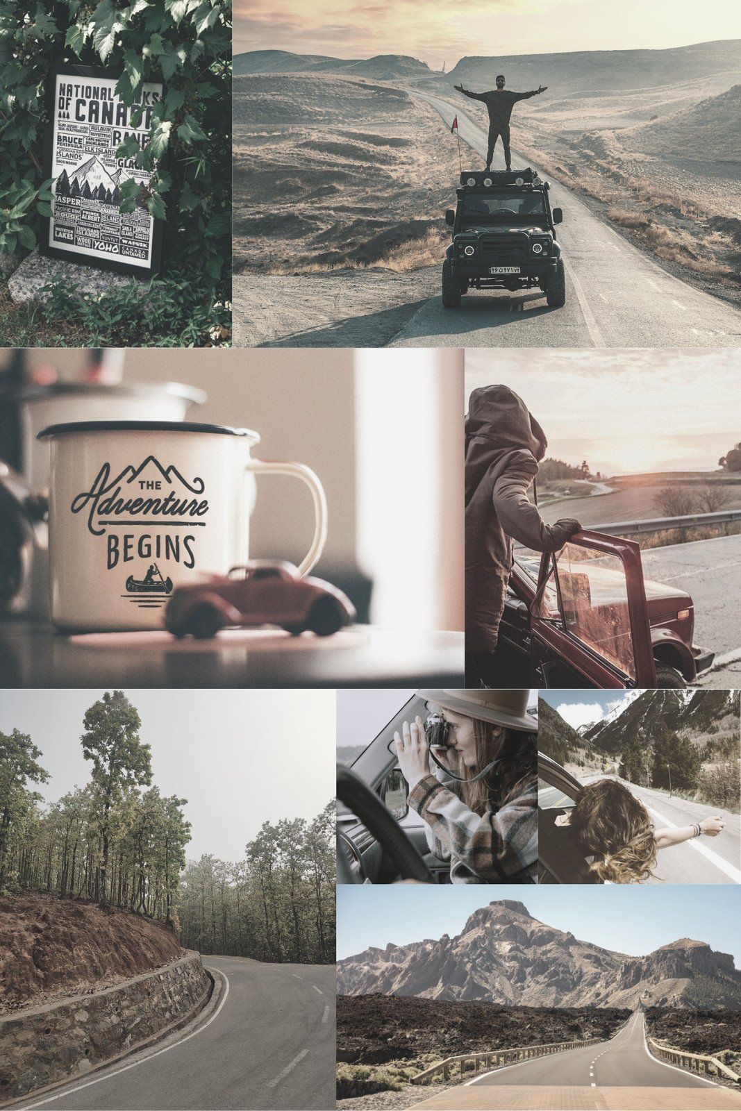 A collage of photos of nature, a road trip, and a mug that says 