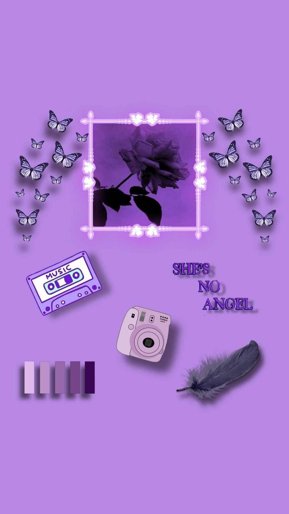 Purple aesthetic wallpaper for phone with butterfly, feather, rose, camera, cassette tape, and text that says 