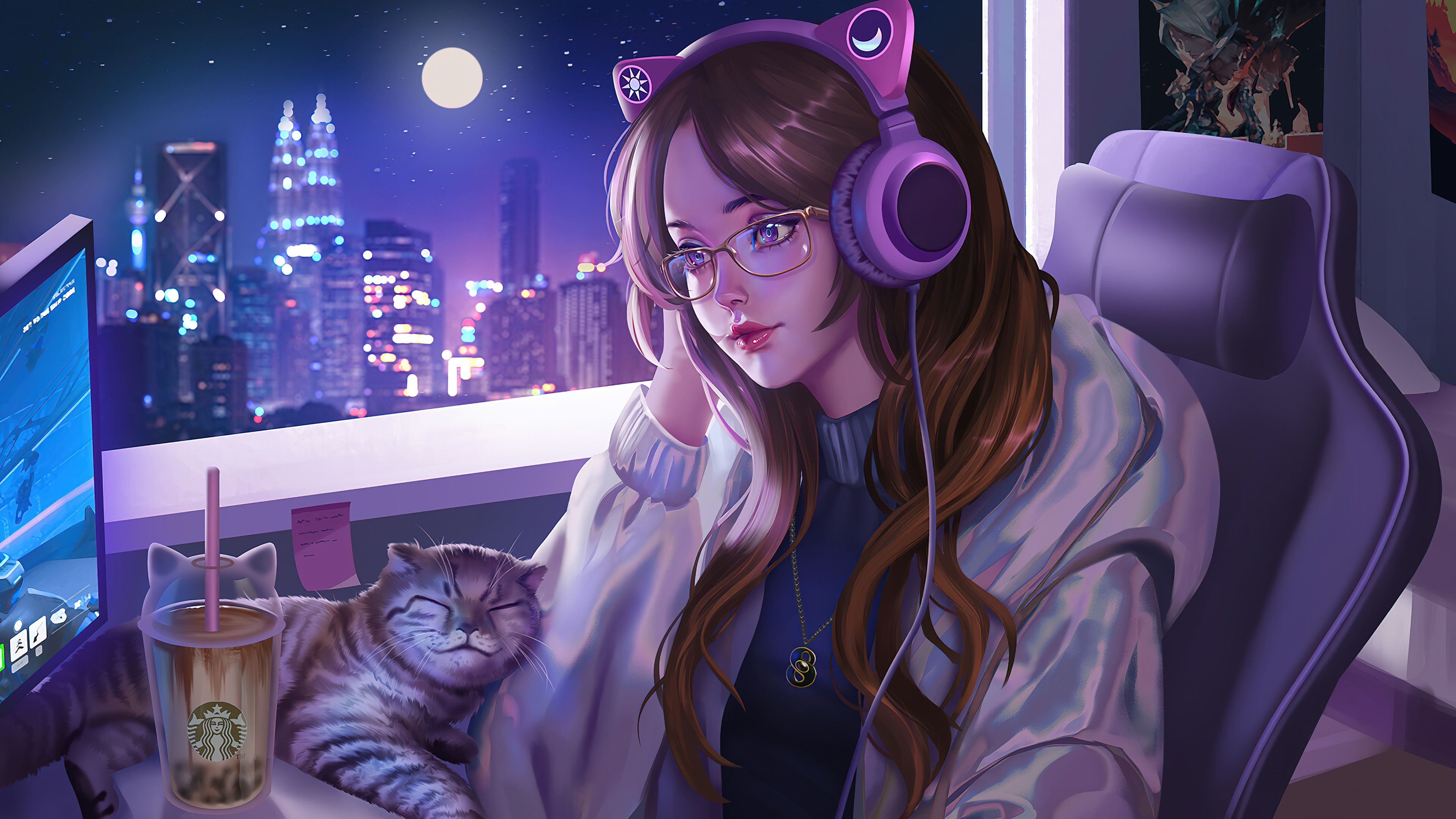 A girl wearing headphones sitting next to a cat with a cityscape in the background - Lo fi
