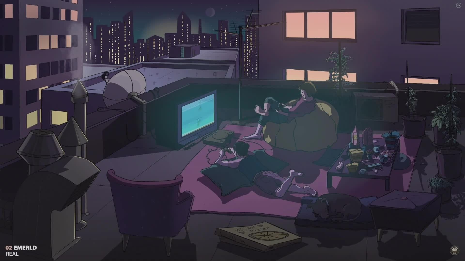 A scene of two people watching TV on a rooftop. - Lo fi