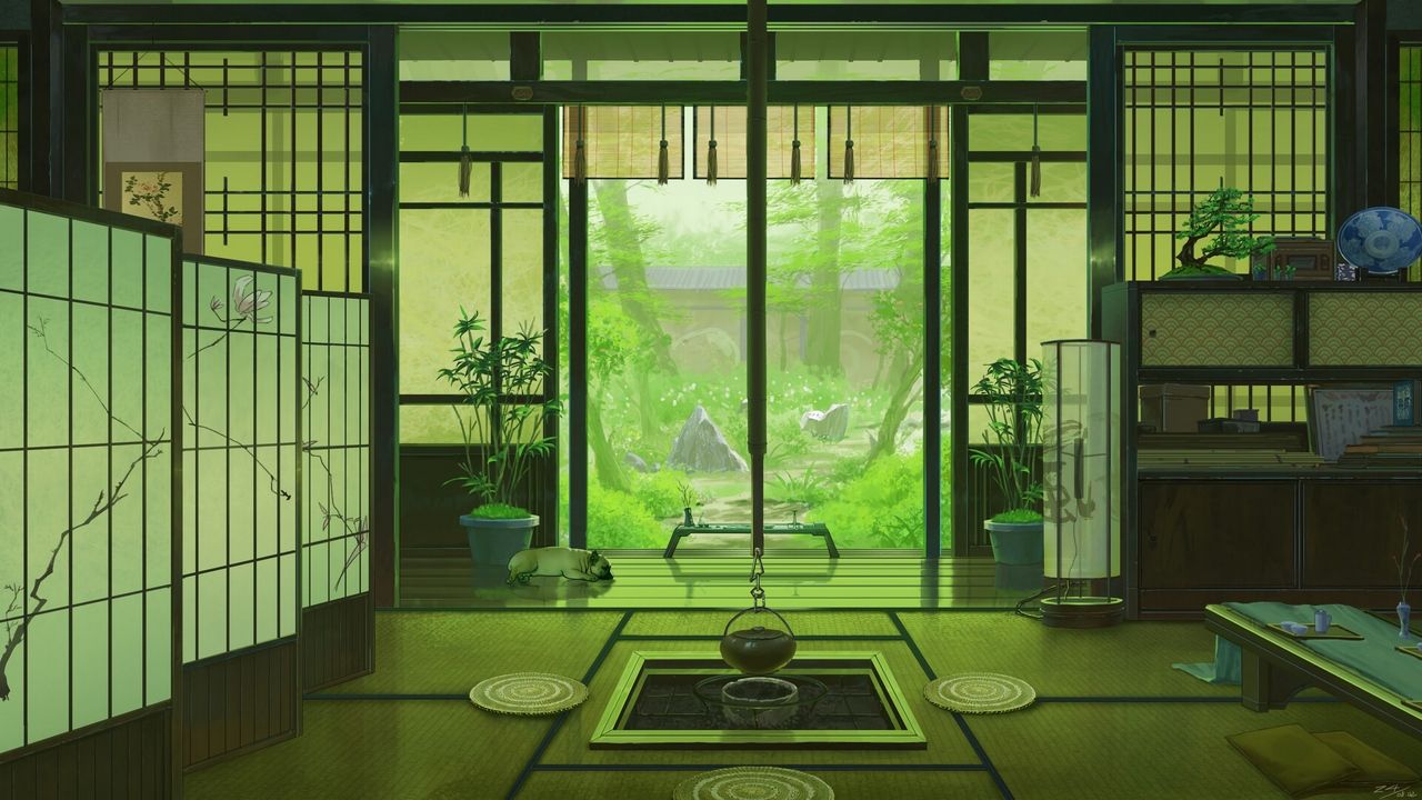 A room with green walls and windows - Lo fi