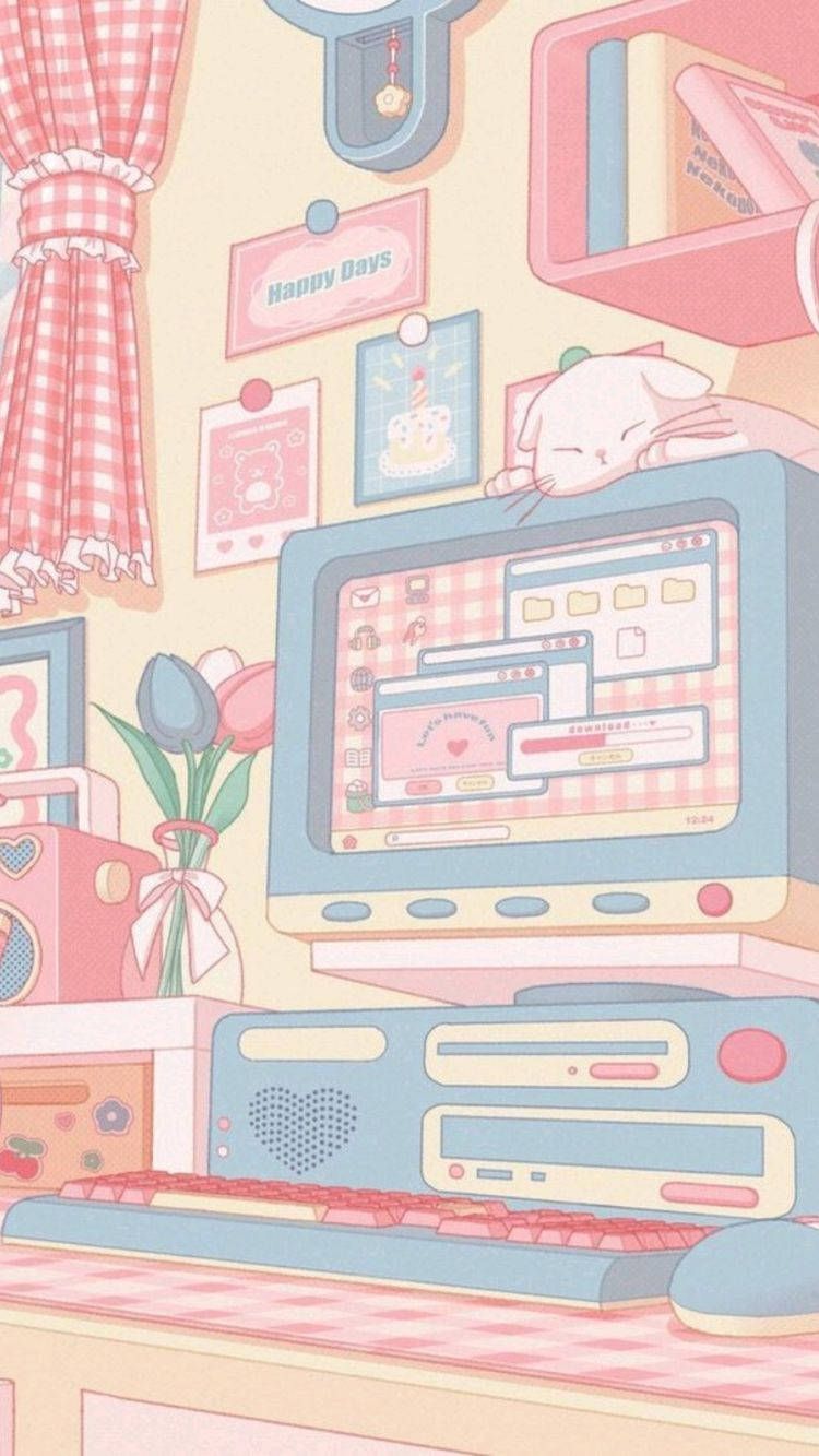 Download Aesthetic Pink Anime Study Space Wallpaper