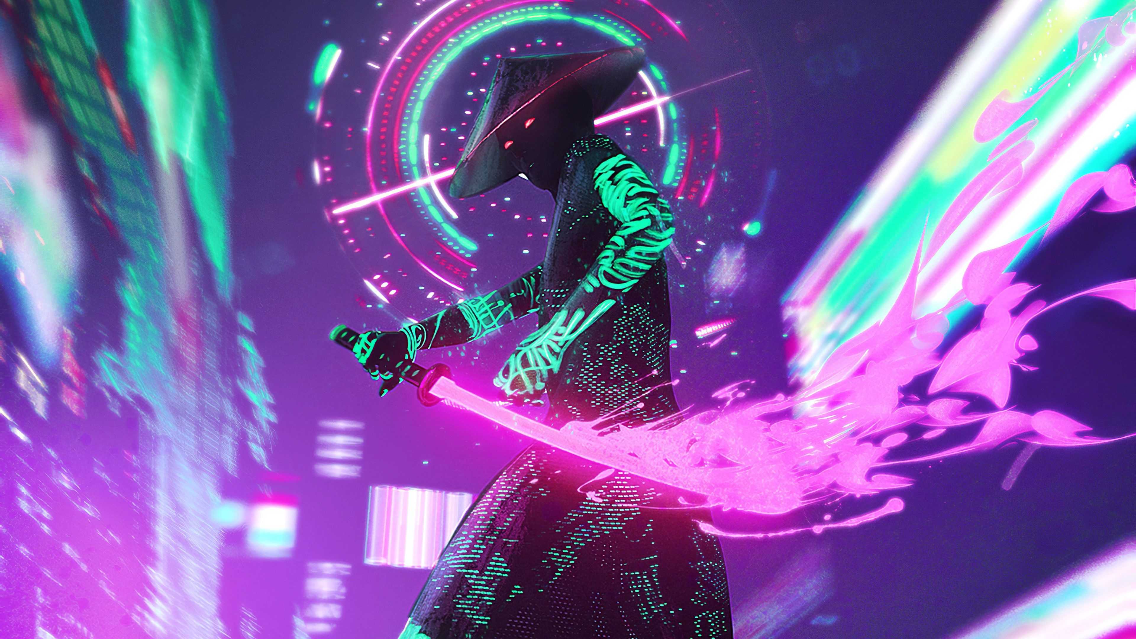A man in neon clothing holding an umbrella - Cyberpunk