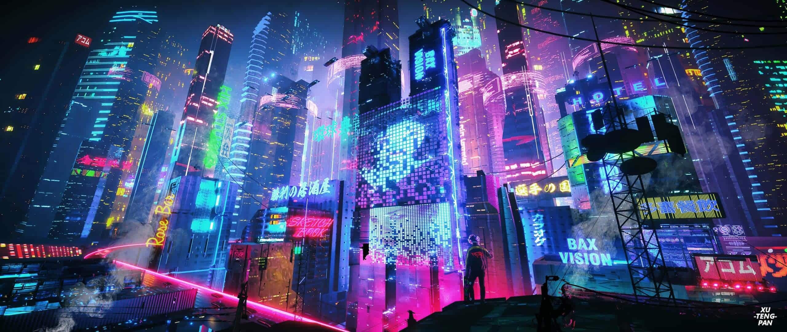 A Cyberpunk city at night with neon lights - Cyberpunk