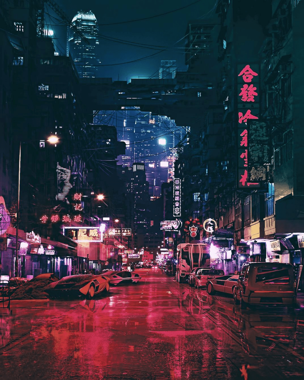 A street at night with neon lights and red lighting on the ground - Cyberpunk