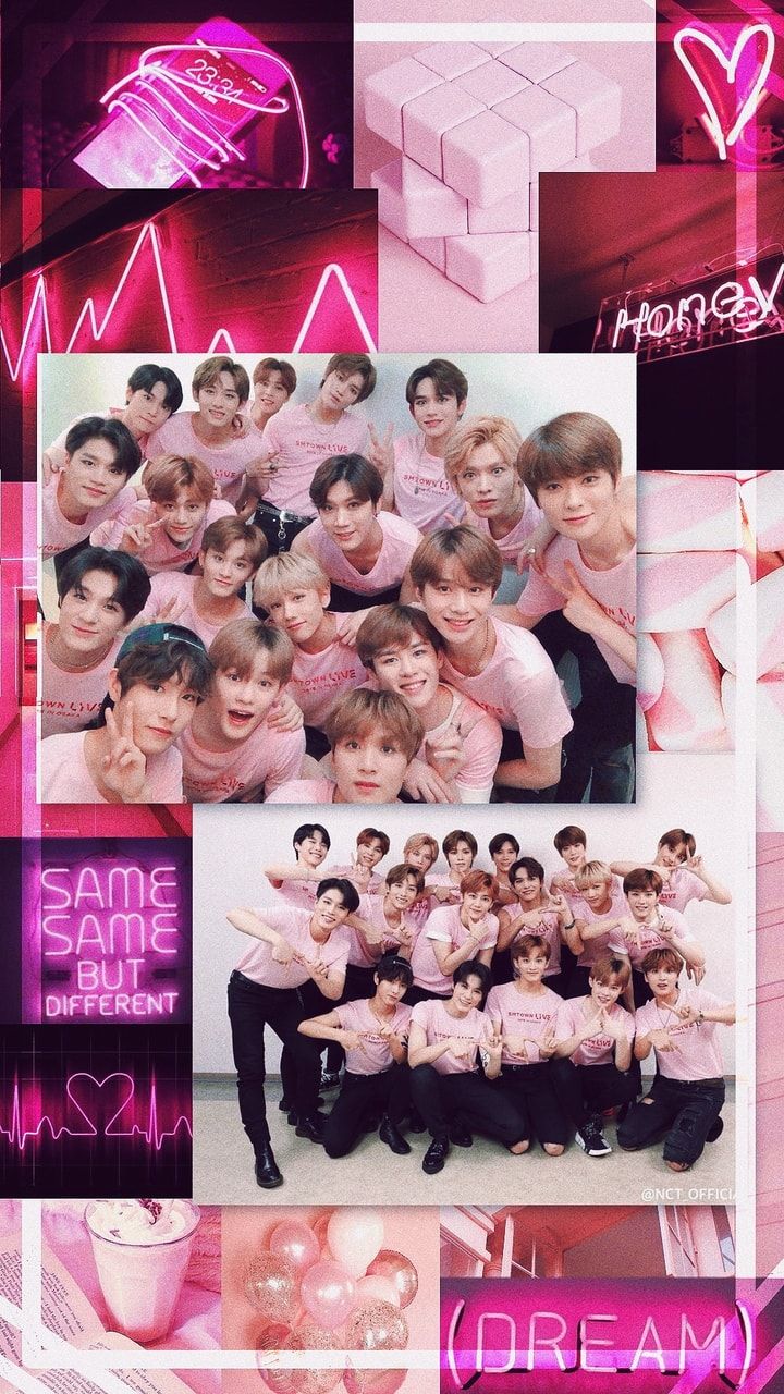 Pink aesthetic wallpaper of TXT, the group's name is on the top right corner - NCT