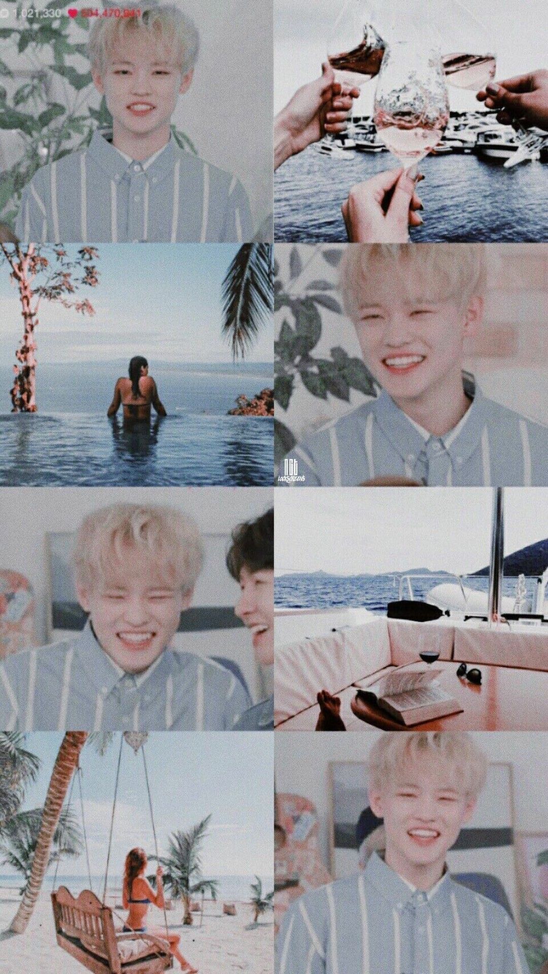 A collage of images of Stray Kids Felix, including him smiling and holding a drink - NCT