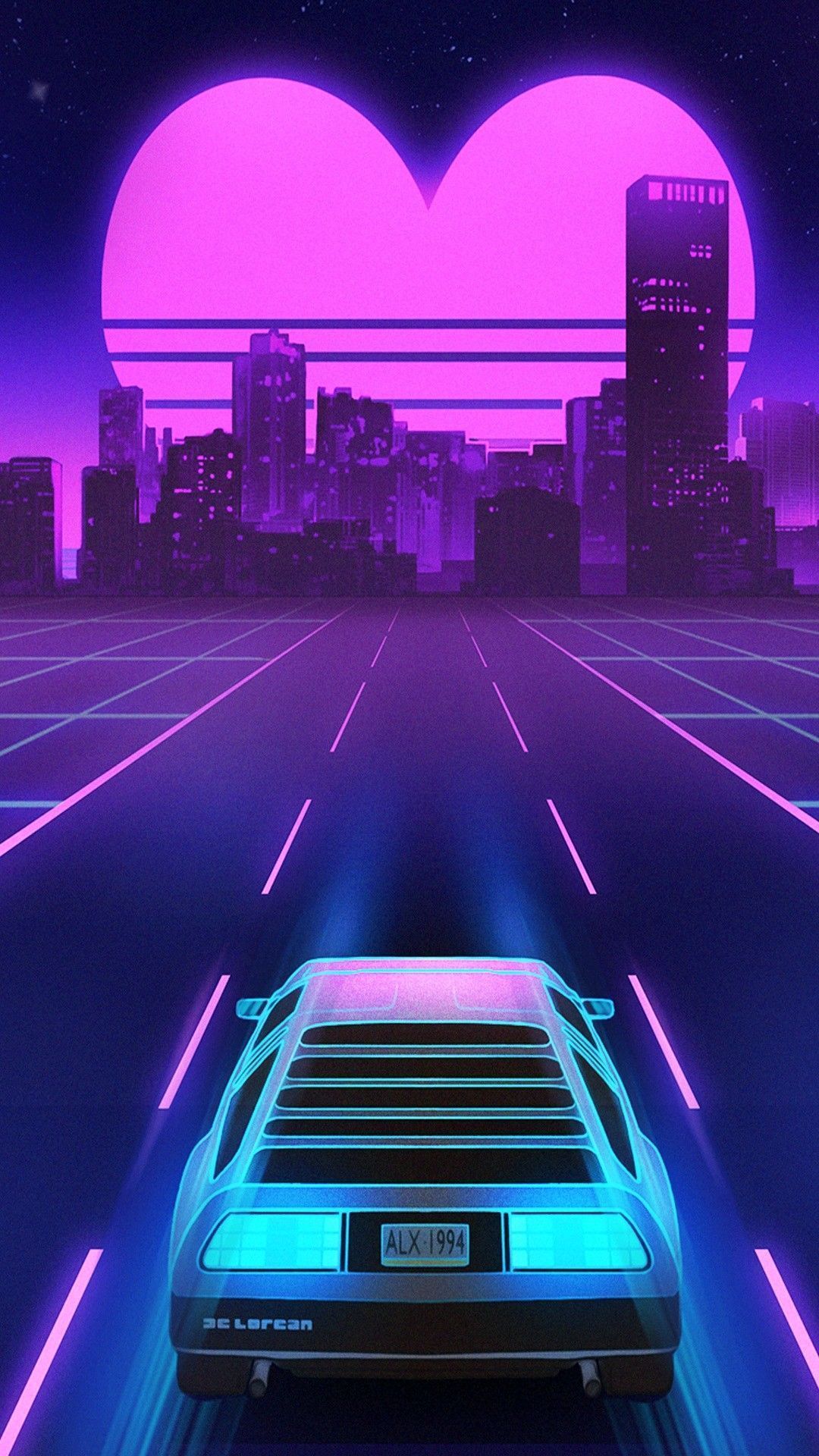A car is driving down the road in front of an illuminated city - Cyberpunk