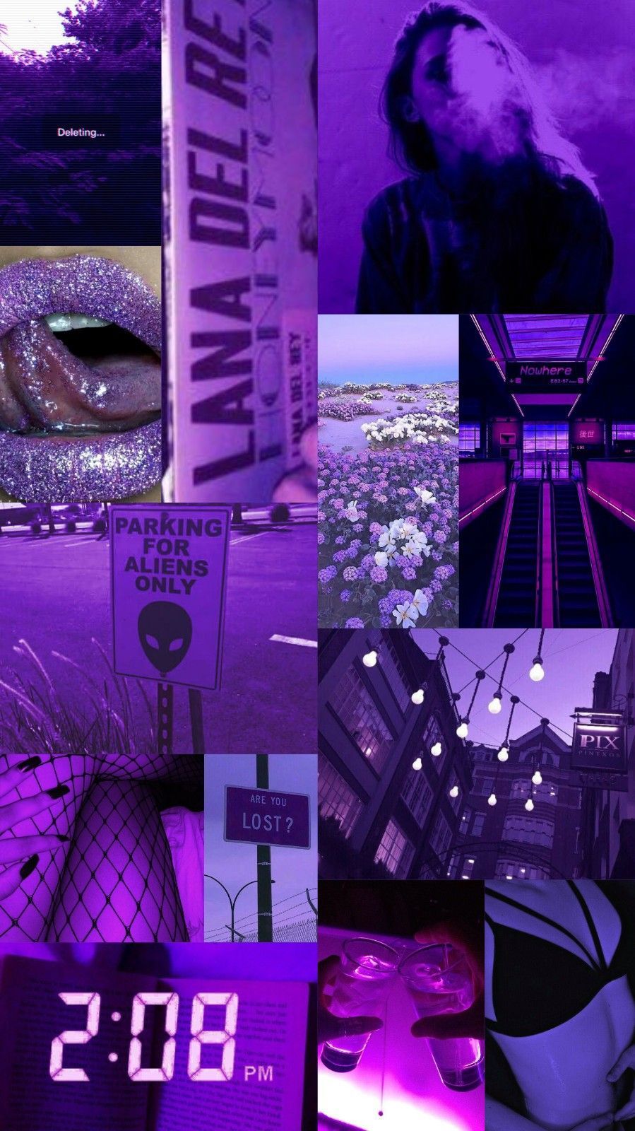 Aesthetic collage of purple photos including a woman, a city, and a clock. - Lana Del Rey