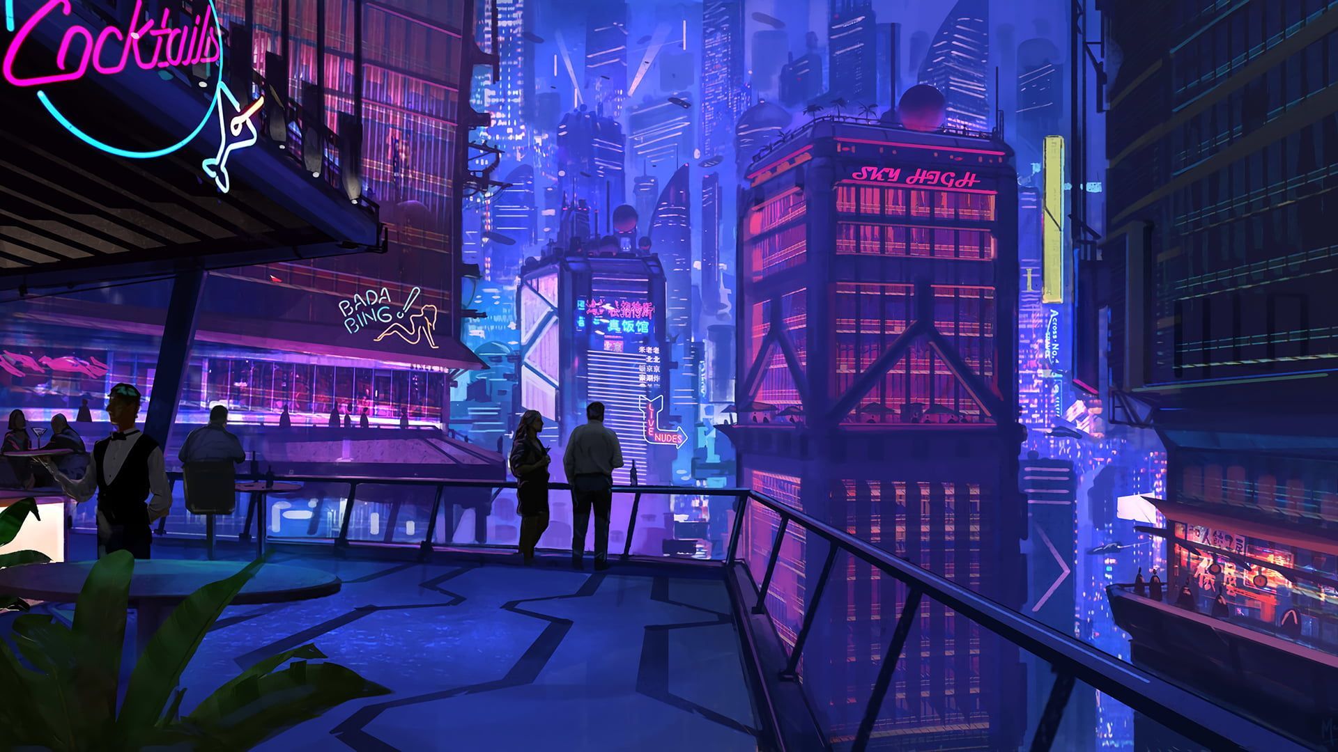 Pink and gray animated buildings illustration wallpaper, group of person standing in front of neon buildin. Cyberpunk city, Building illustration, Futuristic city