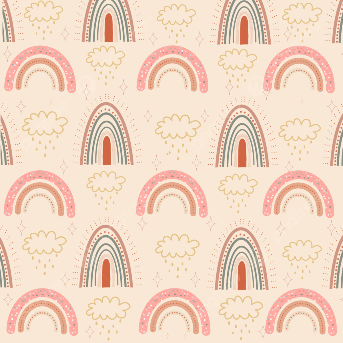 A pattern with rainbows and clouds - Pastel rainbow