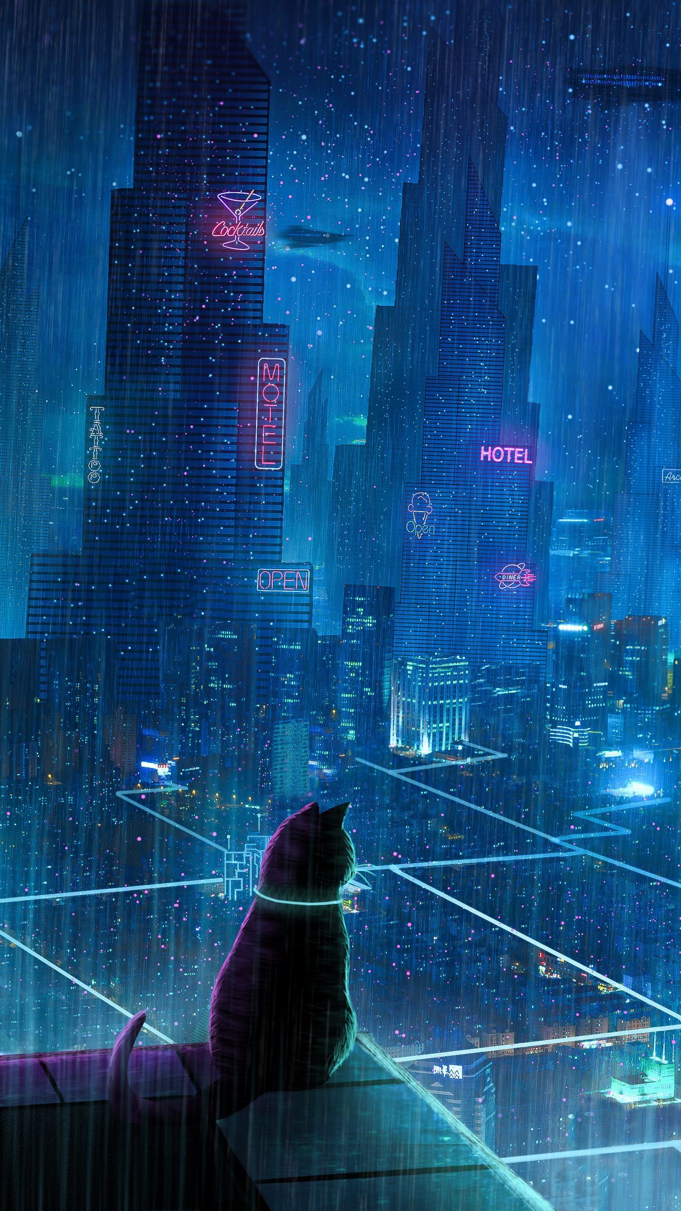 A cat sitting on the edge of building looking out at city - Cyberpunk, city