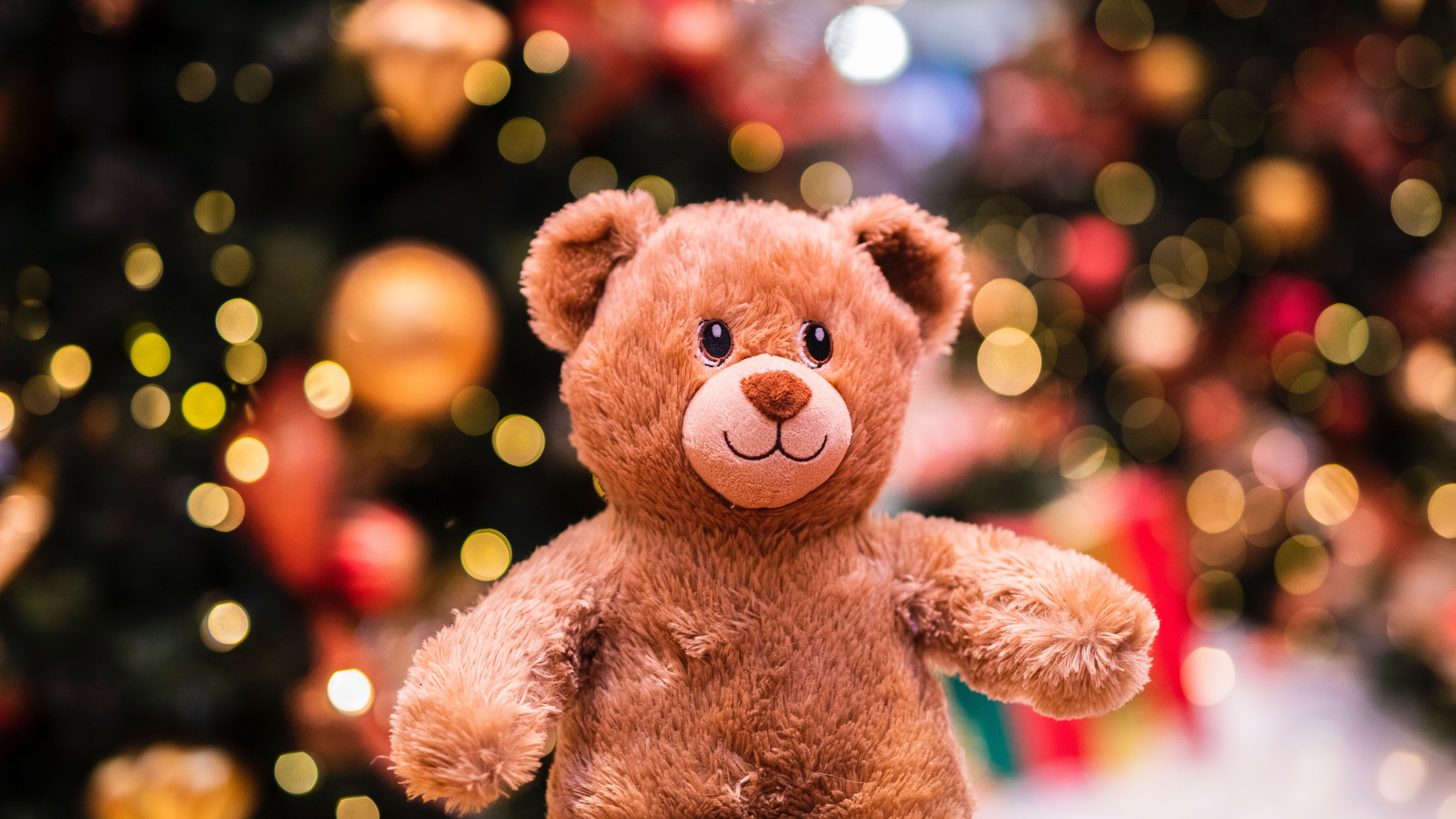 A teddy bear is standing in front of christmas lights - Teddy bear