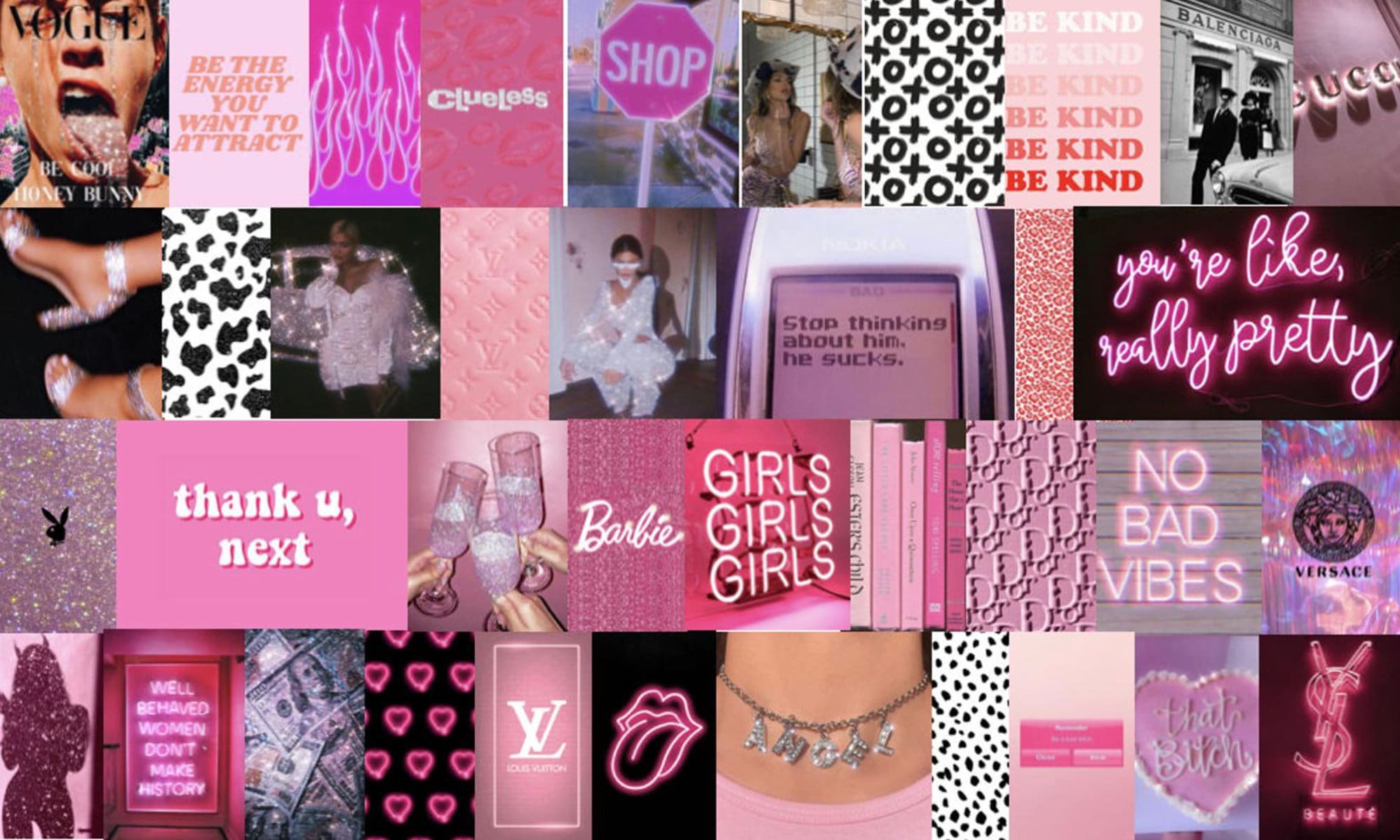 A collage of pink and black aesthetic images - Vogue, baddie