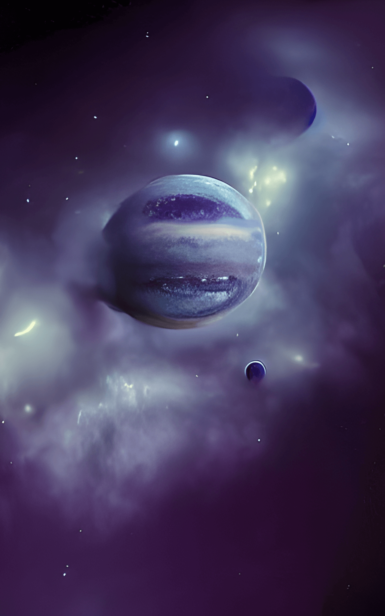 A purple and blue nebula surrounds a planet with two moons. - Galaxy