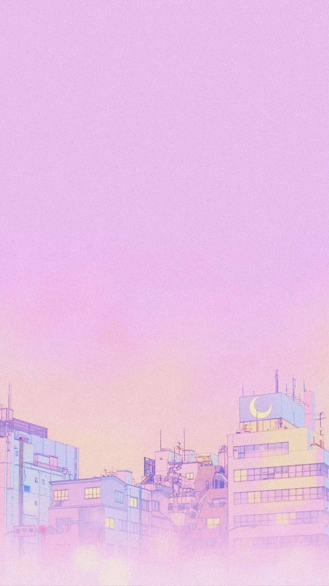 A purple sky with buildings in the background - Light pink, pink anime
