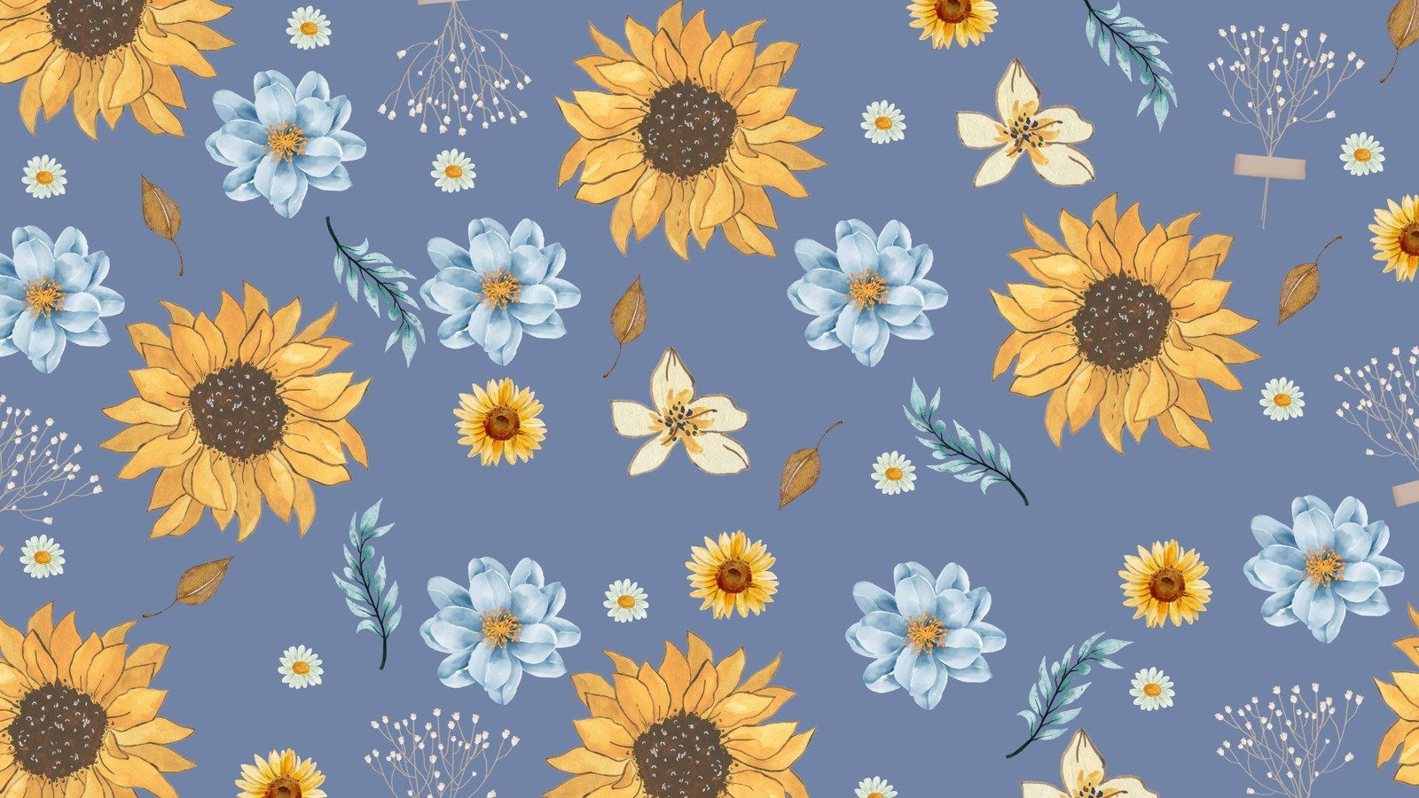 A blue wallpaper with yellow sunflowers and blue flowers - Flower, daisy