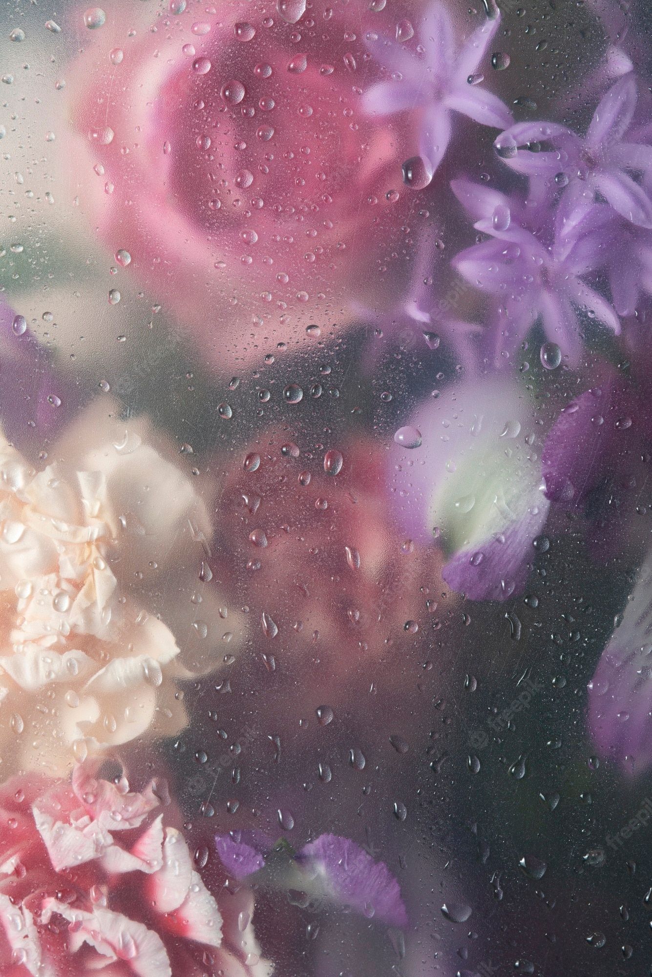A close up of a bouquet of flowers through a rain covered window - Flower