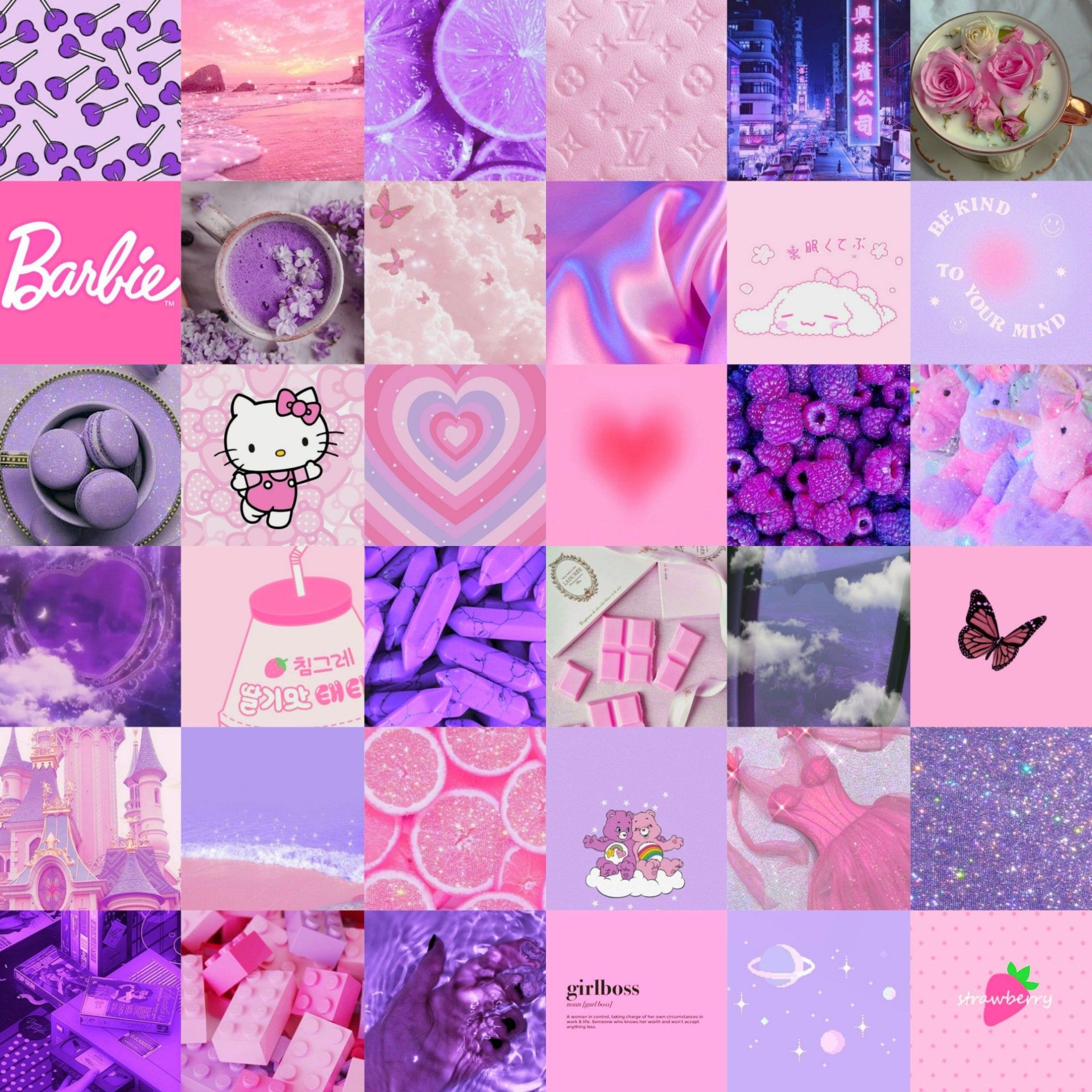 A collage of different pictures with pink and purple - Purple, Barbie, pink collage