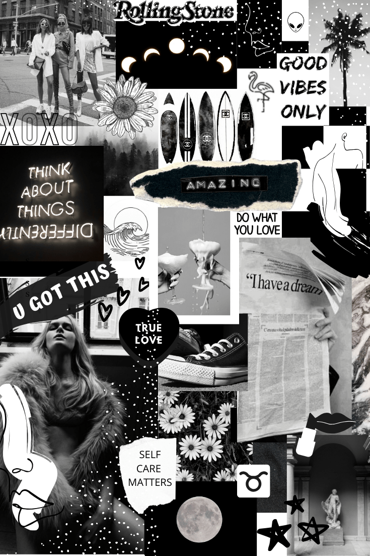A collage of black and white images with text - Black