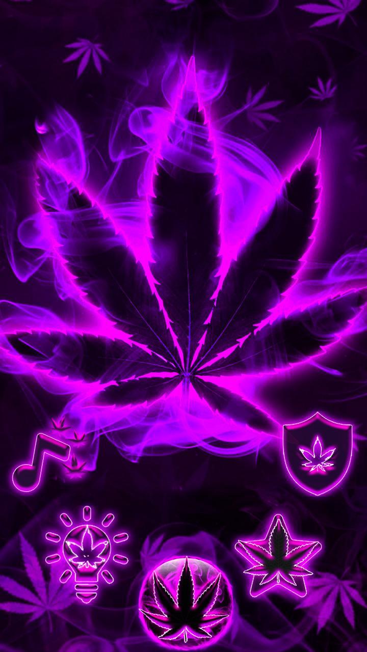 A purple marijuana leaf with various symbols on it - Weed