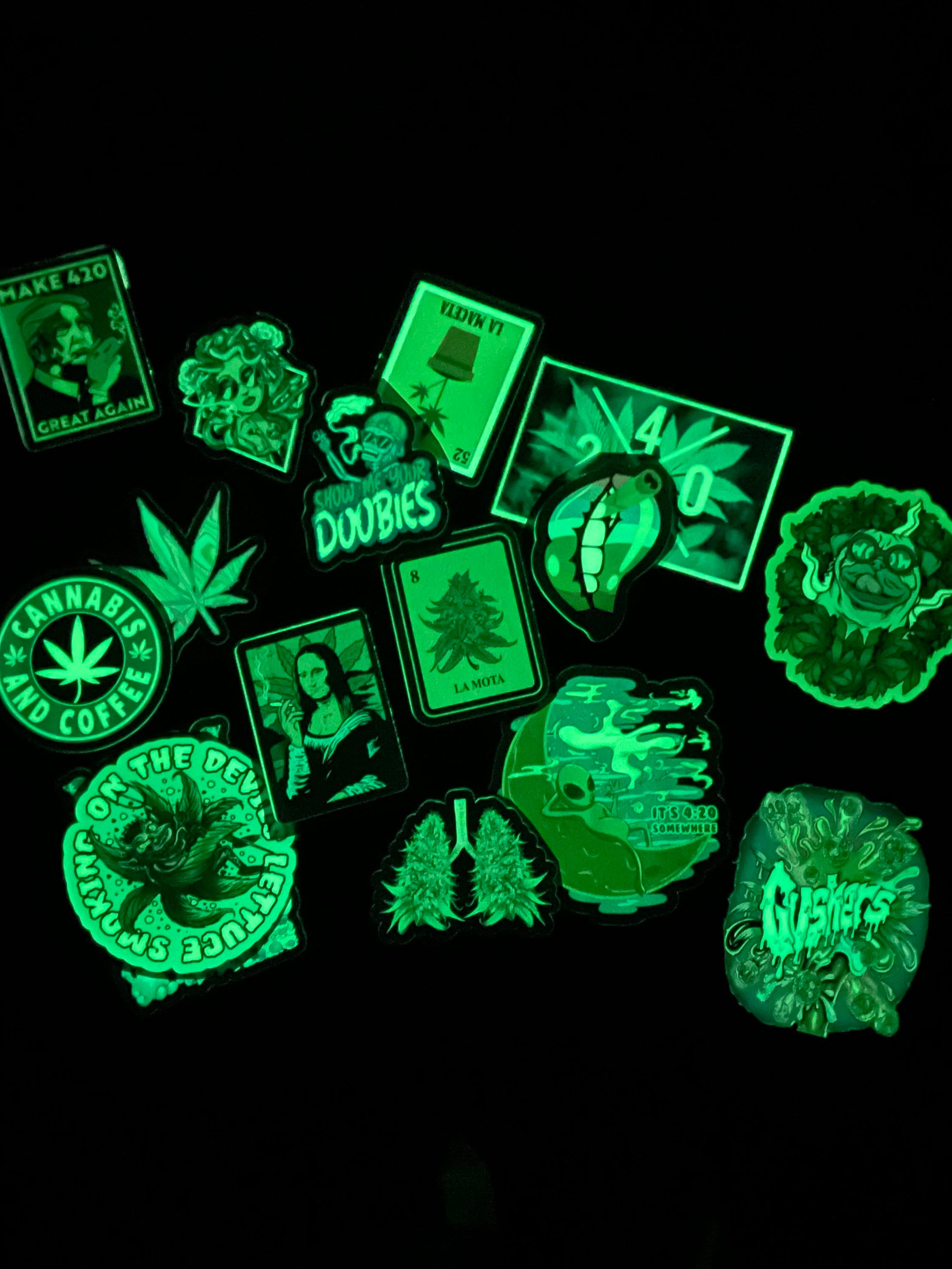 A bunch of stickers that are glowing - Weed