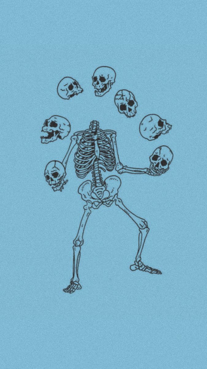 A drawing of skeletons and skulls on blue background - Skeleton