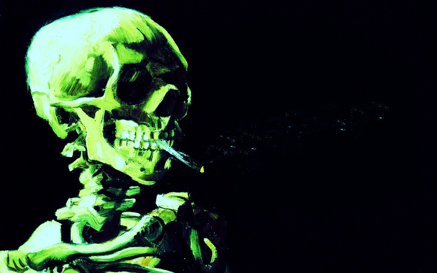 A painting of skeleton smoking cigarette in dark room - Skeleton