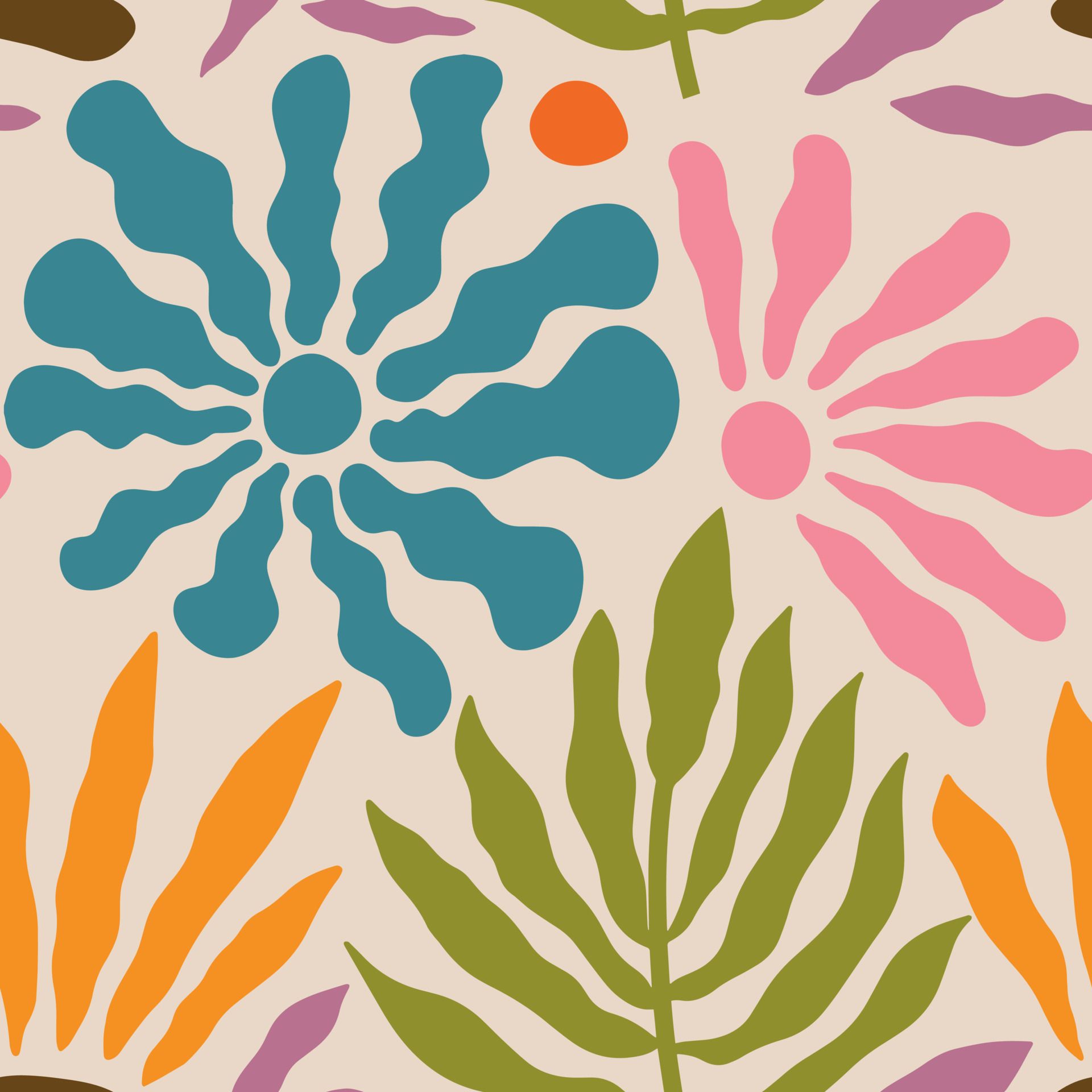 A pattern with blue, pink, orange, and green flowers and leaves on a beige background - Vintage, 70s