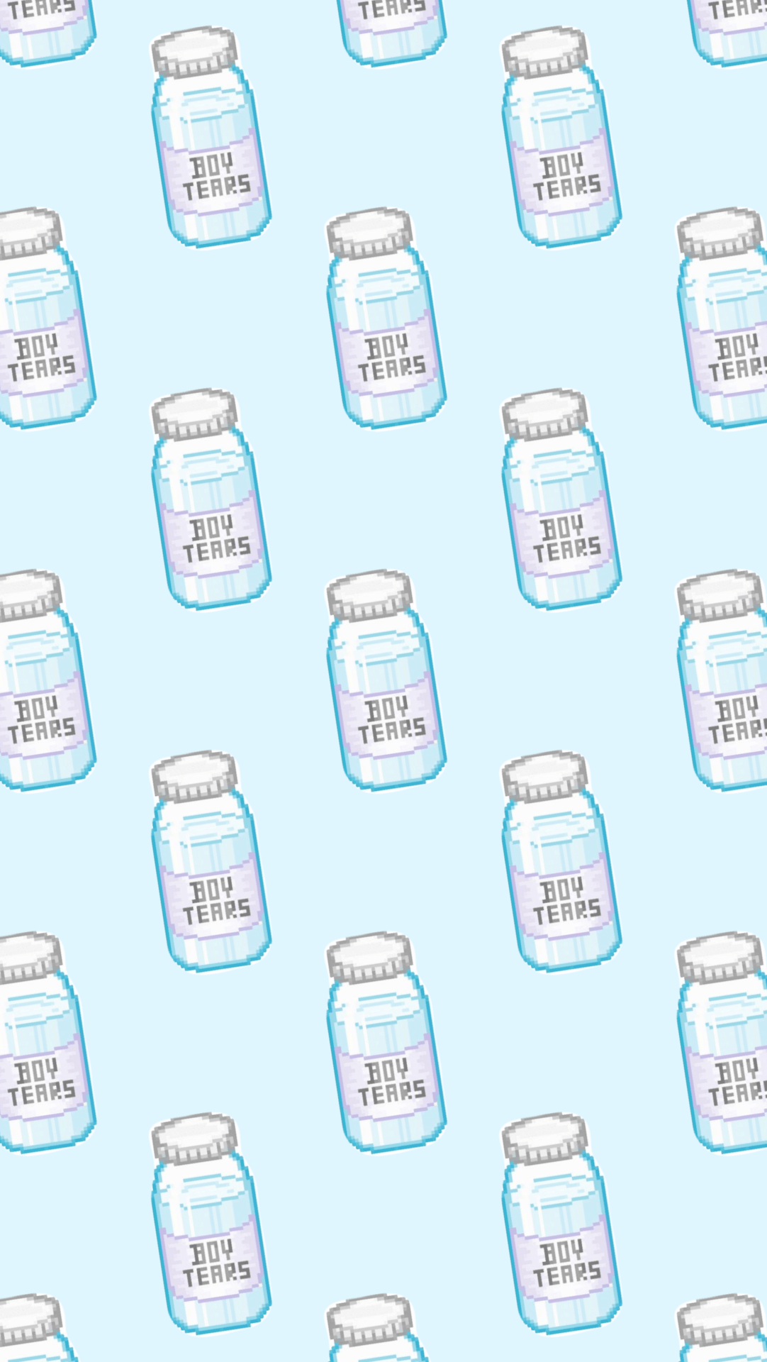 A pattern of pixelated bottles of 'Boy Tears' perfume on a blue background. - Kawaii