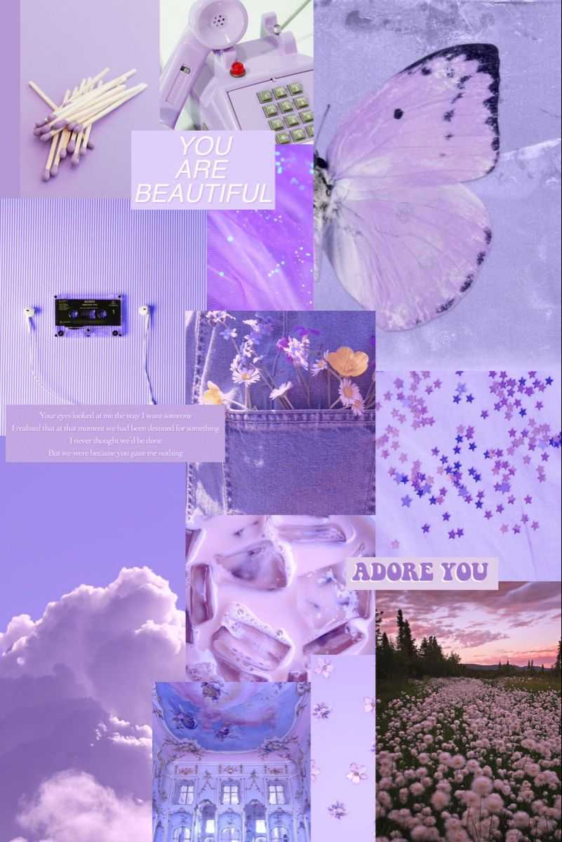 A collage of purple and white images with clouds in the background - Light purple, purple, pastel purple, eyes