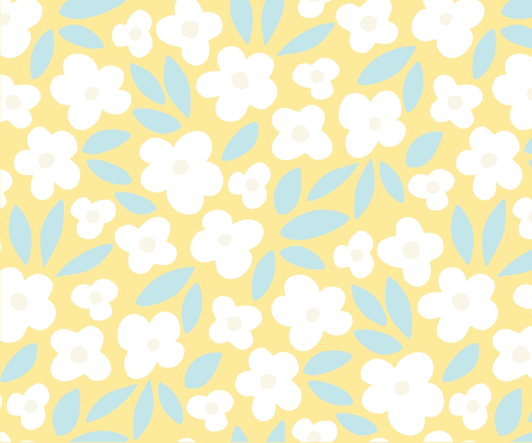 A cute floral wallpaper with white flowers and blue leaves on a yellow background. - Spring