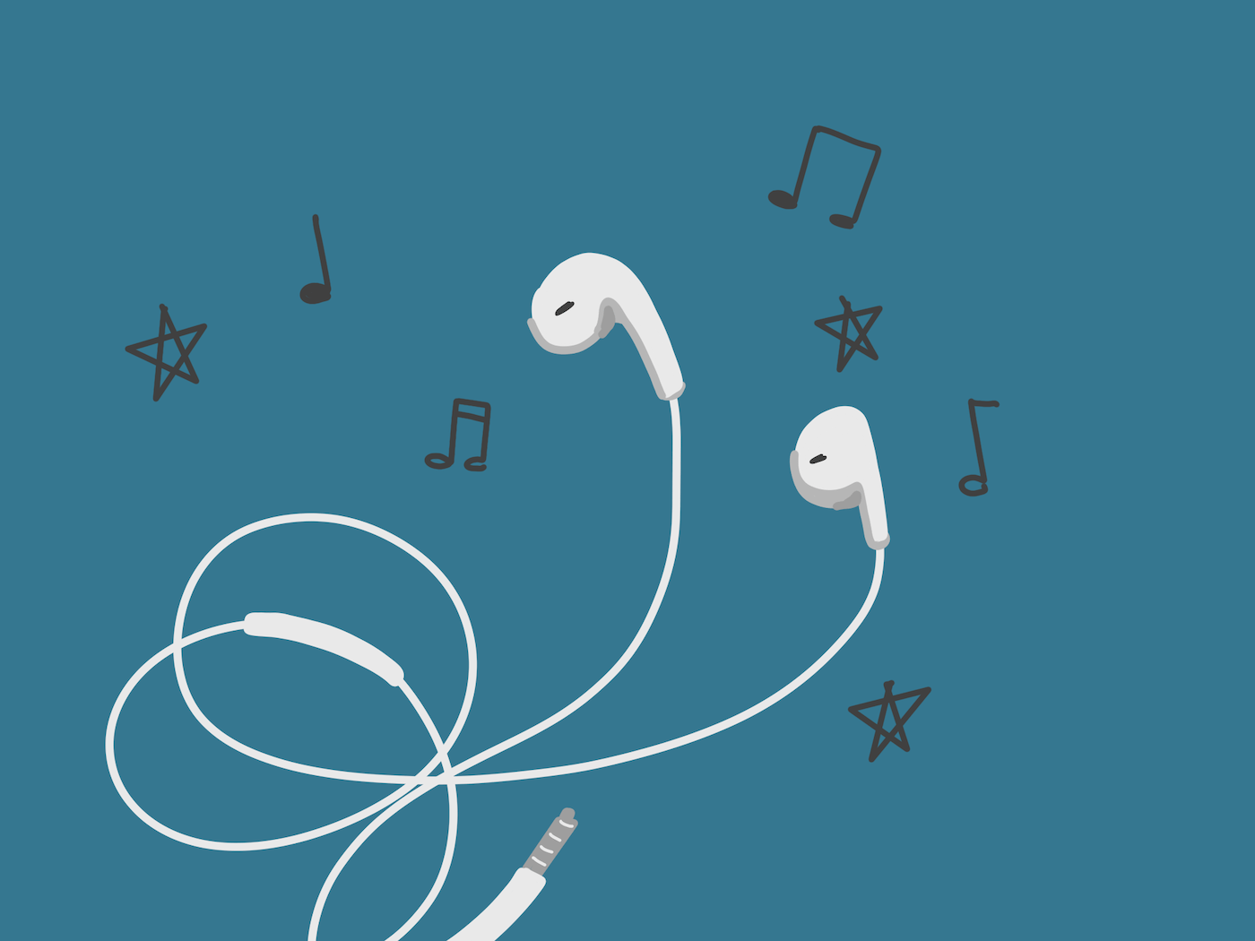 A pair of white earbuds with a blue background and music notes around them - Music