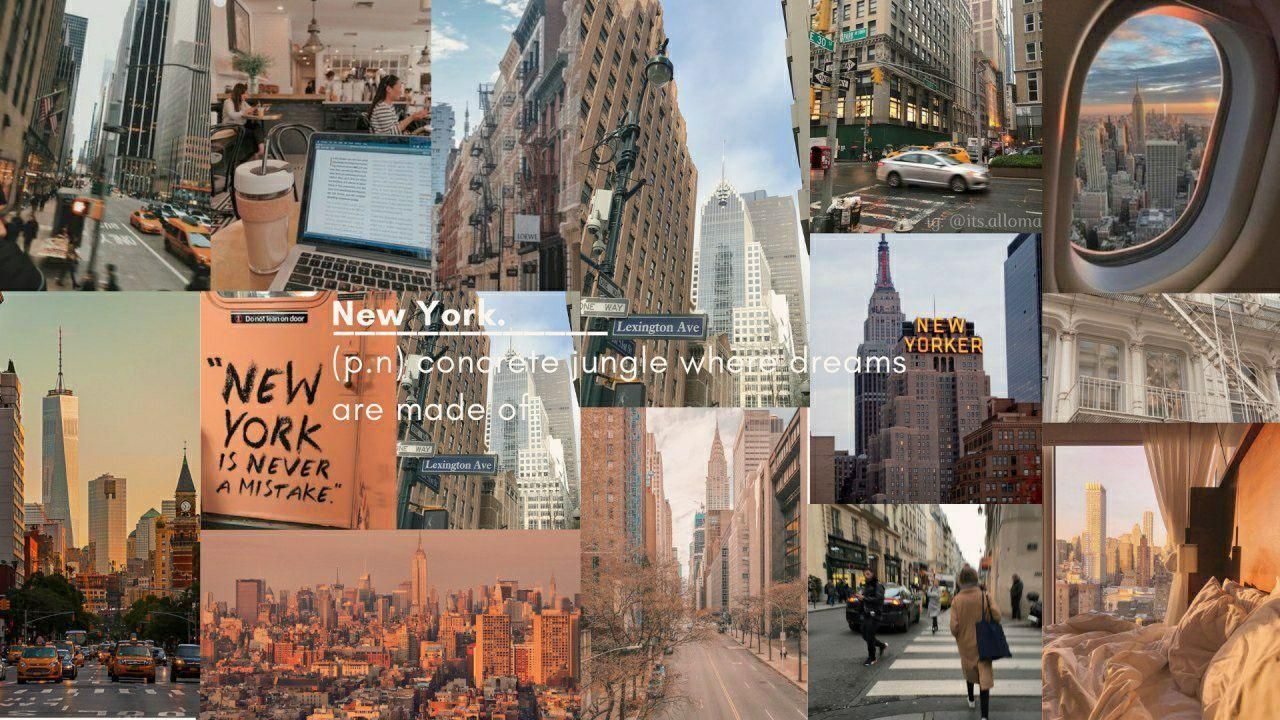 A collage of photos of New York, including the city skyline, street signs, and a coffee cup. - New York