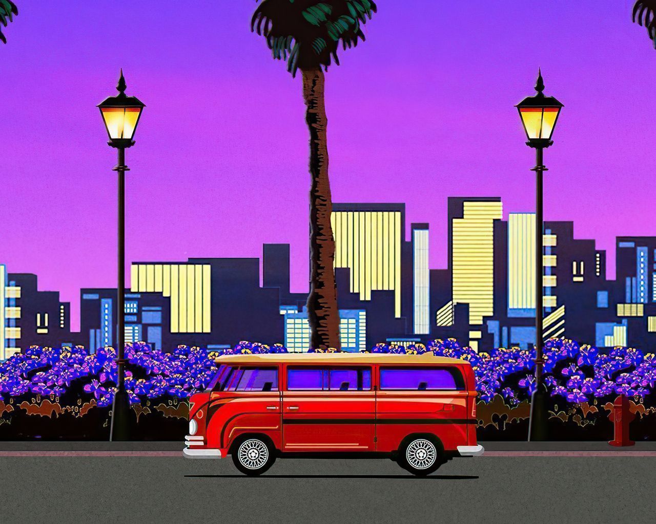 A red and yellow volkswagen van in front of a cityscape at night. - Vaporwave, 1280x1024