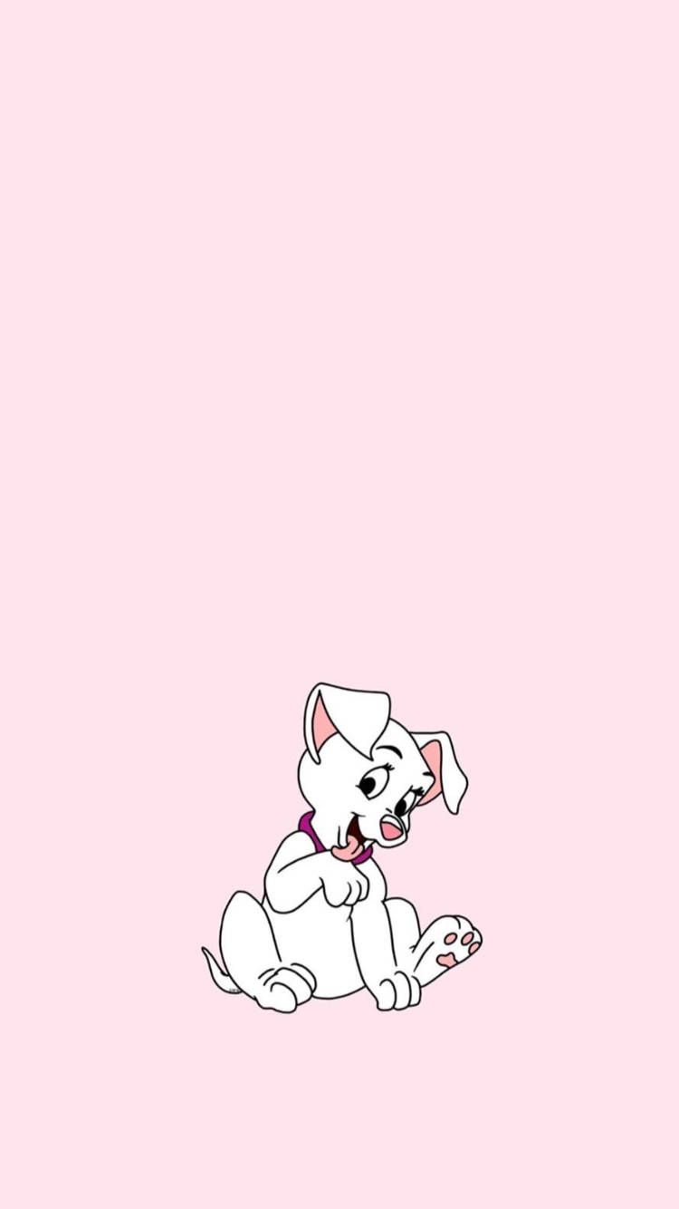 A white dog sitting on the ground with pink background - Disney