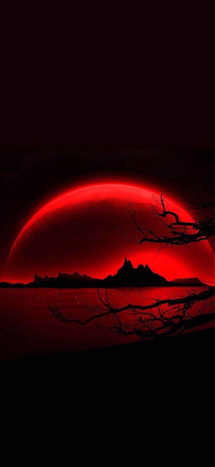 Red moon in the sky, over a lake, phone wallpaper, black background - Dark red
