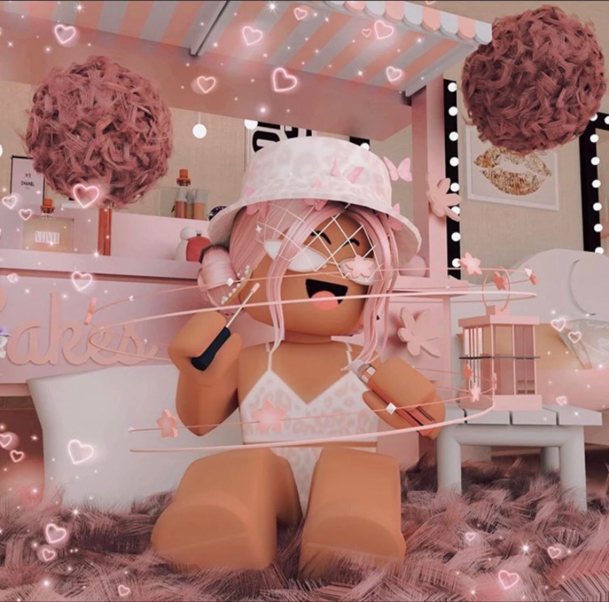 A doll is sitting on the floor in front of some pink decorations - Roblox