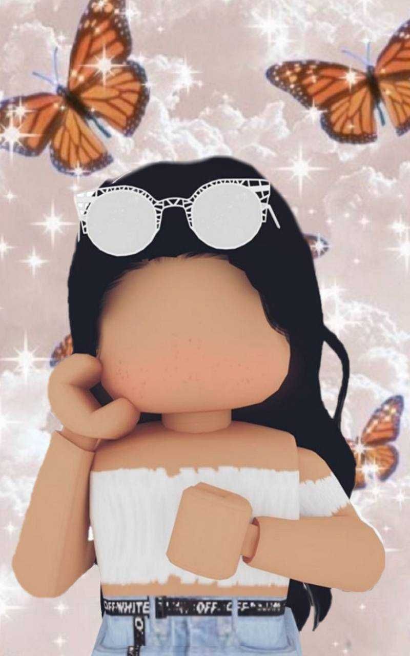 A doll wearing sunglasses and butterflies in the background - Roblox