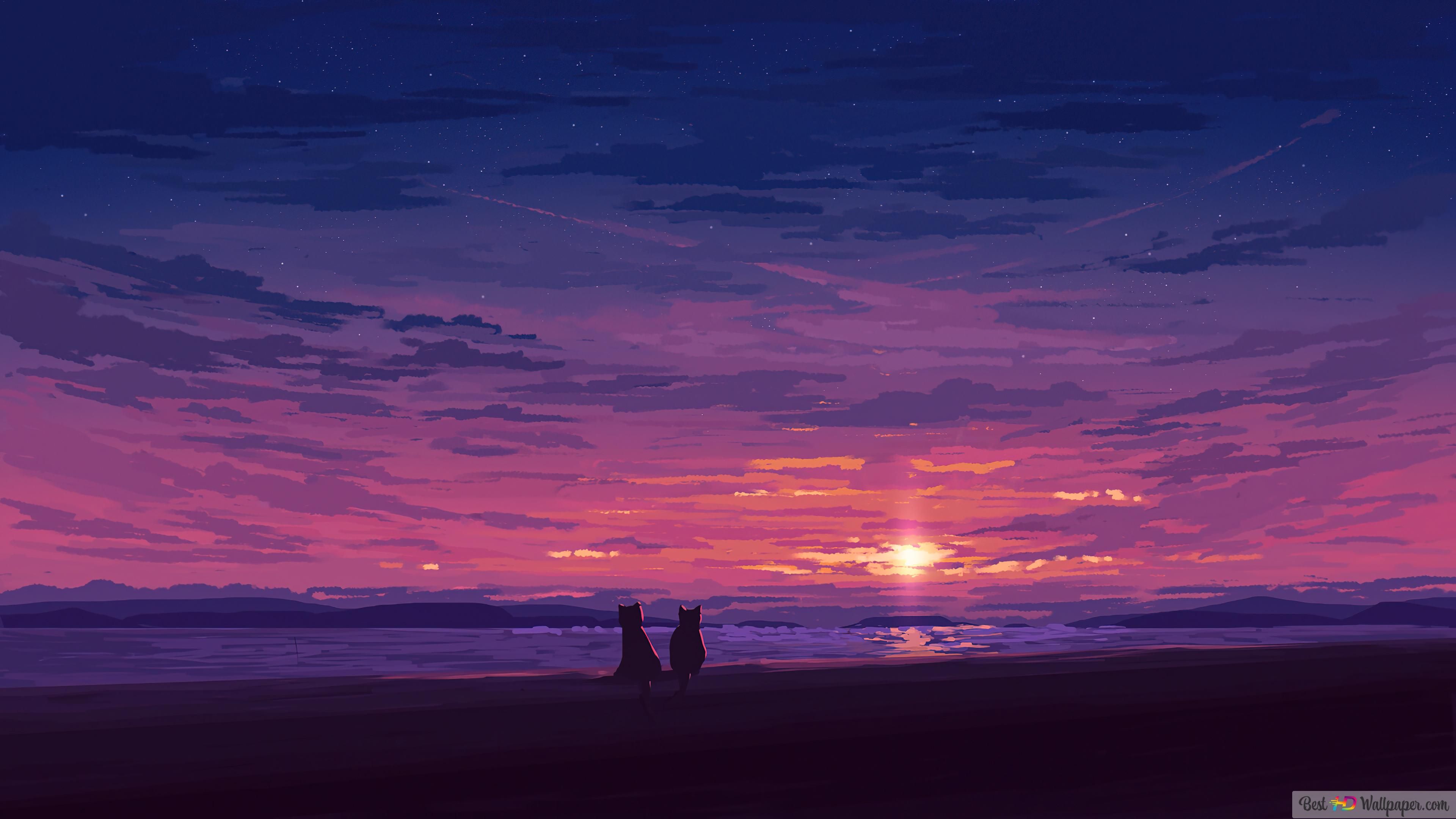 A couple standing on the beach at sunset - Sunset, anime sunset