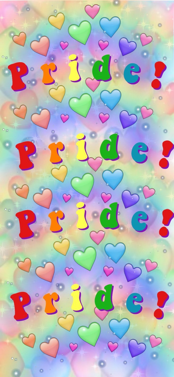 A colorful rainbow background with the word pride written in different colors and hearts. - Pride