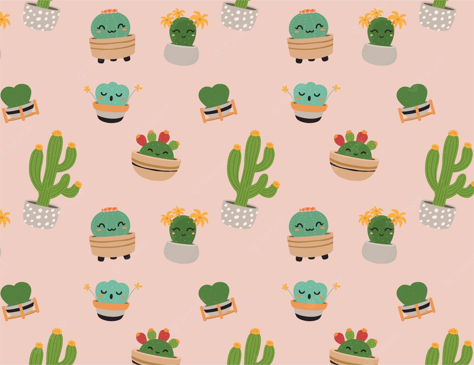 A pattern of cartoon cacti and succulents with faces on a pink background. - Cactus