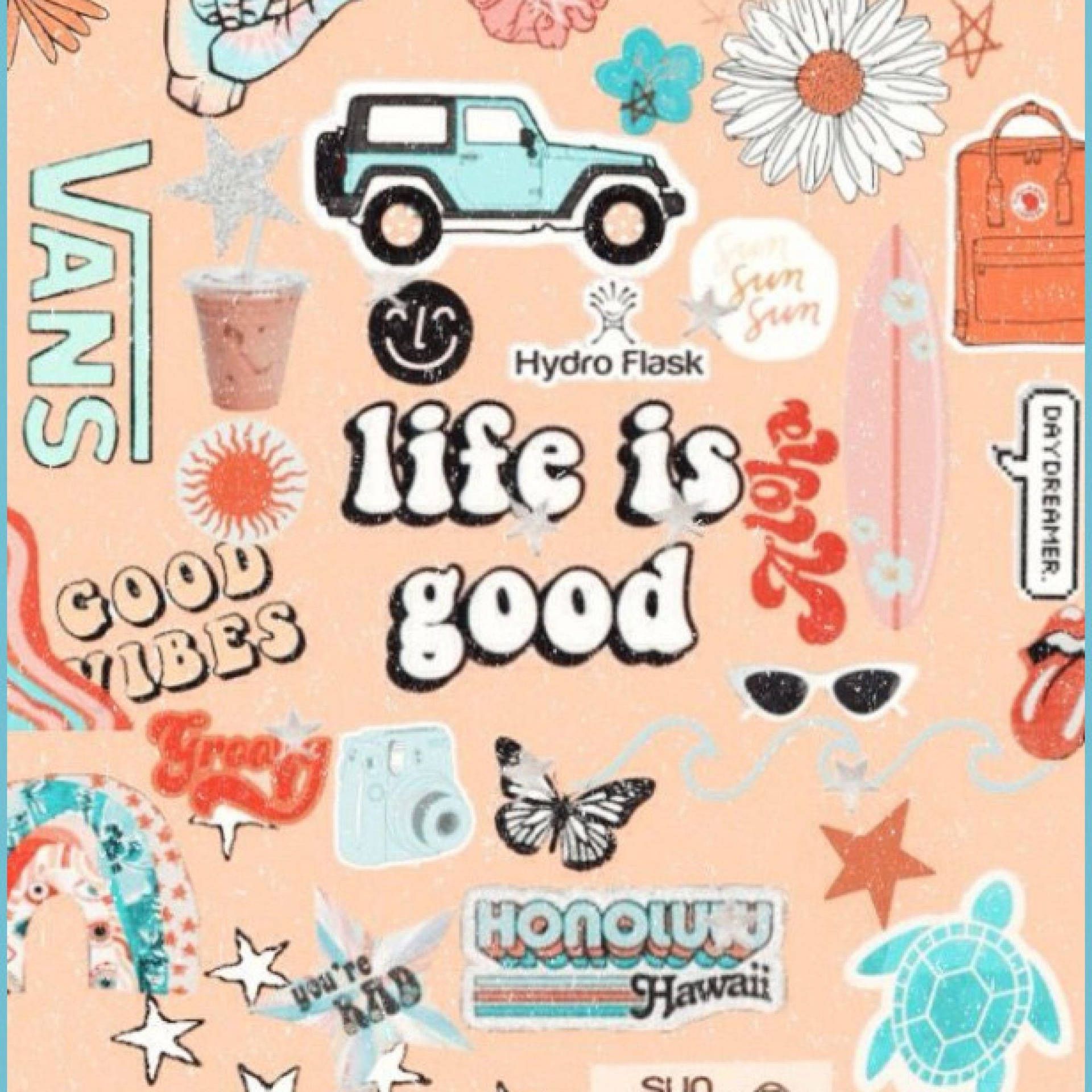 A collage of stickers including a car, a camera, a butterfly, a sun, a flower, a cup, a surfboard, a turtle, a camera, a van, a Hydro Flask, and the words 