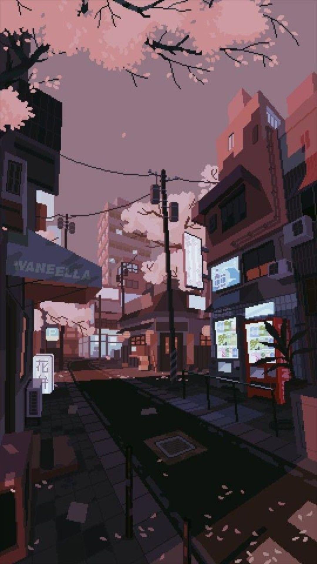 A street scene with pink trees and buildings - Anime, Korean, anime city, road, pixel art, 90s anime, Japan, Seoul, street art, Japanese