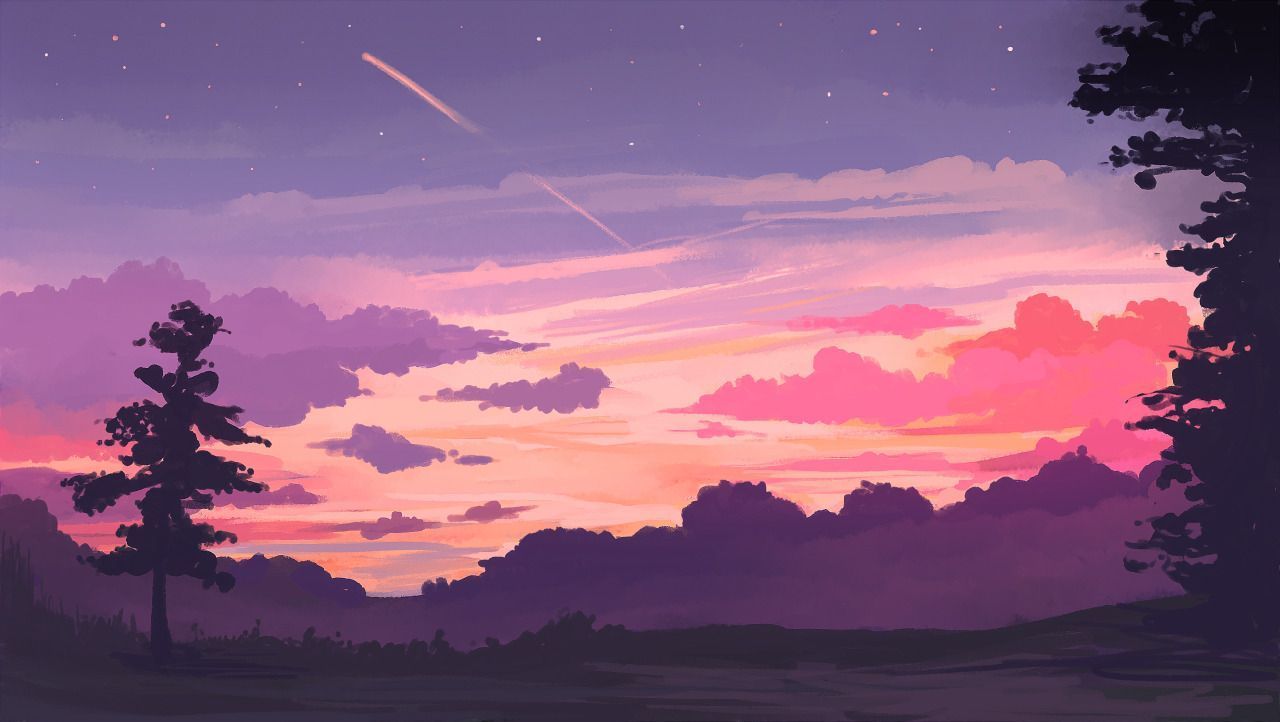A painting of a pink and purple sunset - Computer