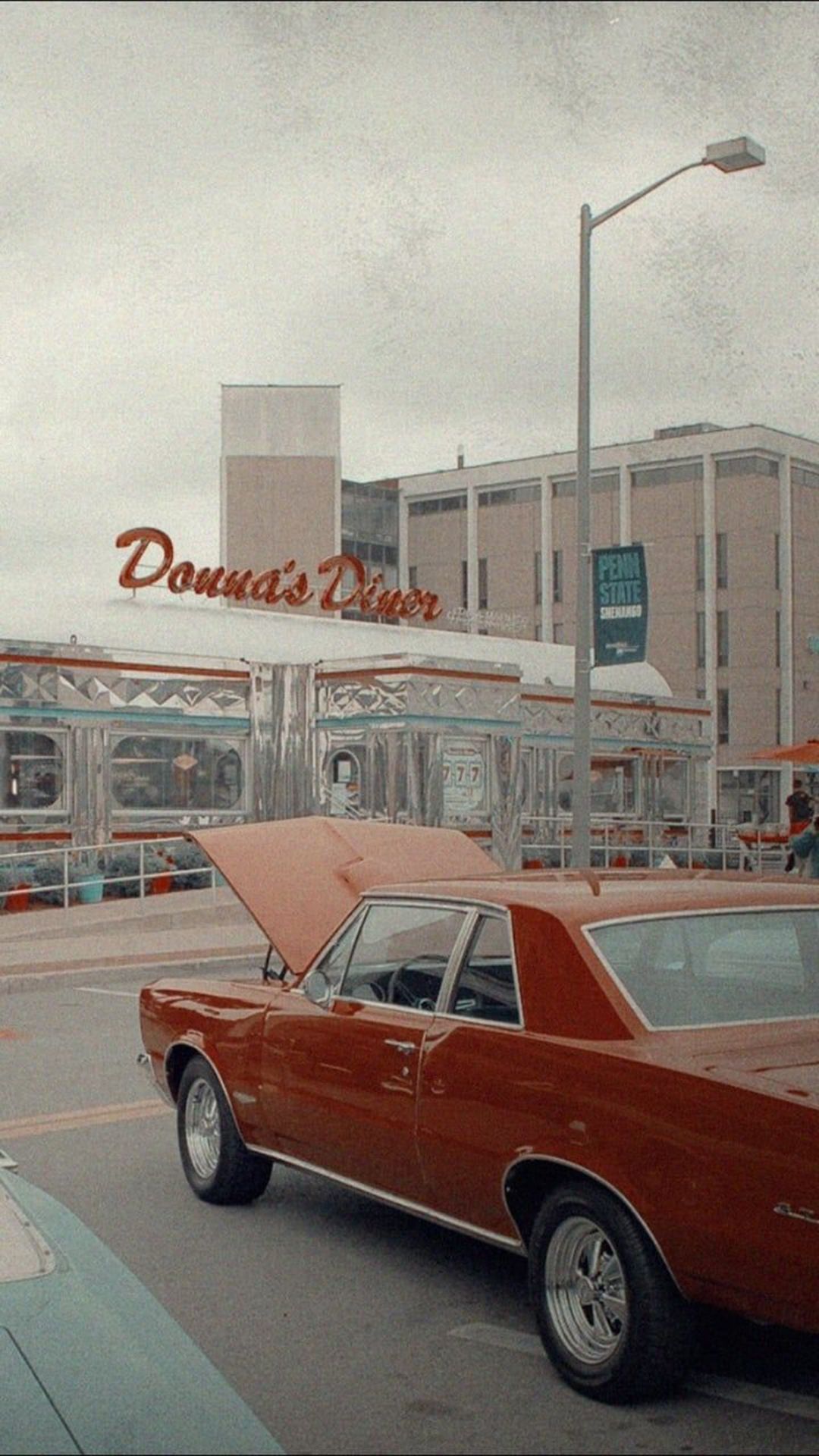 IPhone wallpaper with a vintage red car in front of a diner - Vintage, vintage fall, 50s, retro, 60s