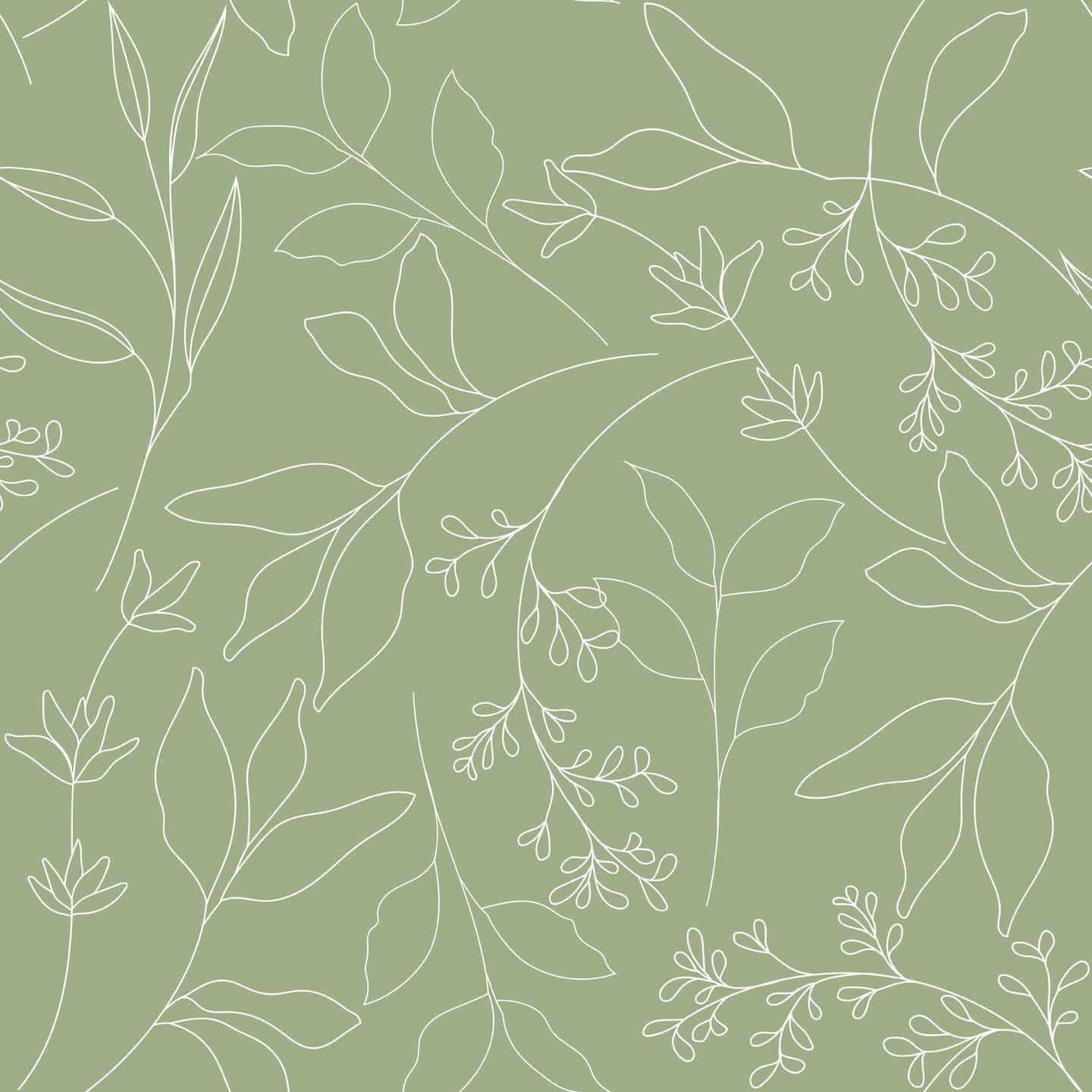 A hand illustrated pattern of white leaves and branches on a sage green background - Sage green
